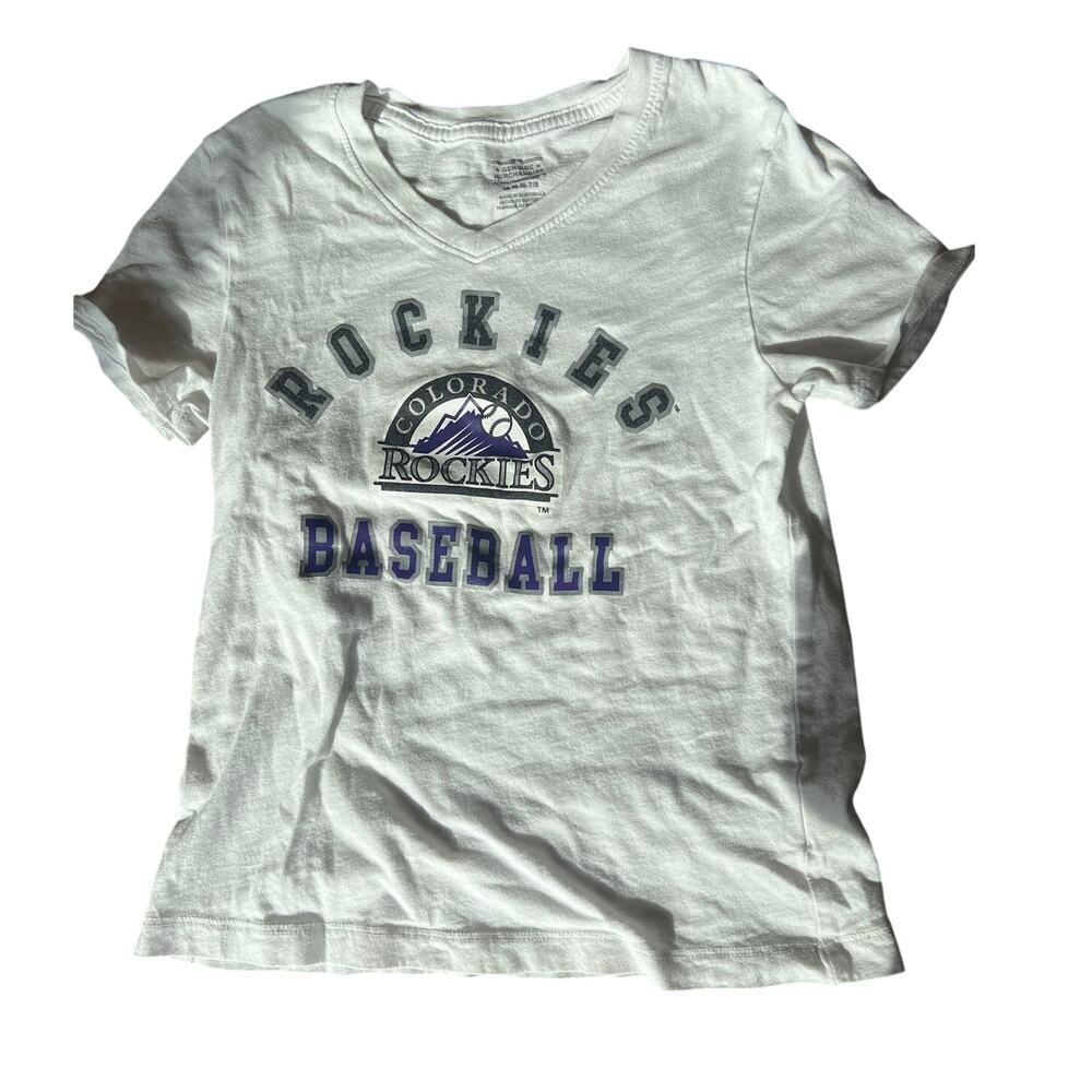 Girls Colorado Rockies Tee Shirt, Size 7/8, Small, White, V-neck, 100% Cotton